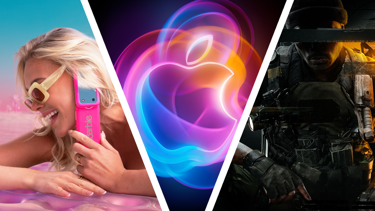 Apple's logo glows in blue orange and pink in the centre, a blonde haired woman at the beach is talking into a pink Barbie flip phone on the left, and a soldier in dark clothing is on the right