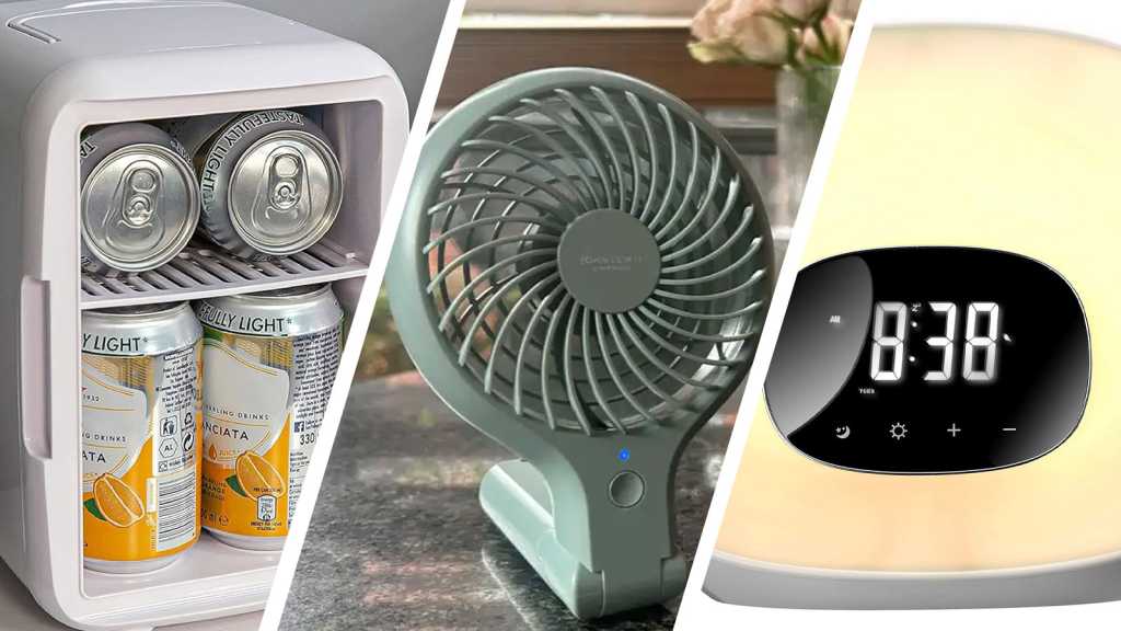 Images of a mini-fridge, fan and light alarm