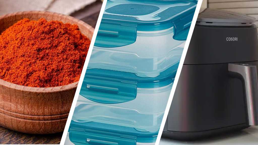 Images of spice, Tupperware containers and an air fryer