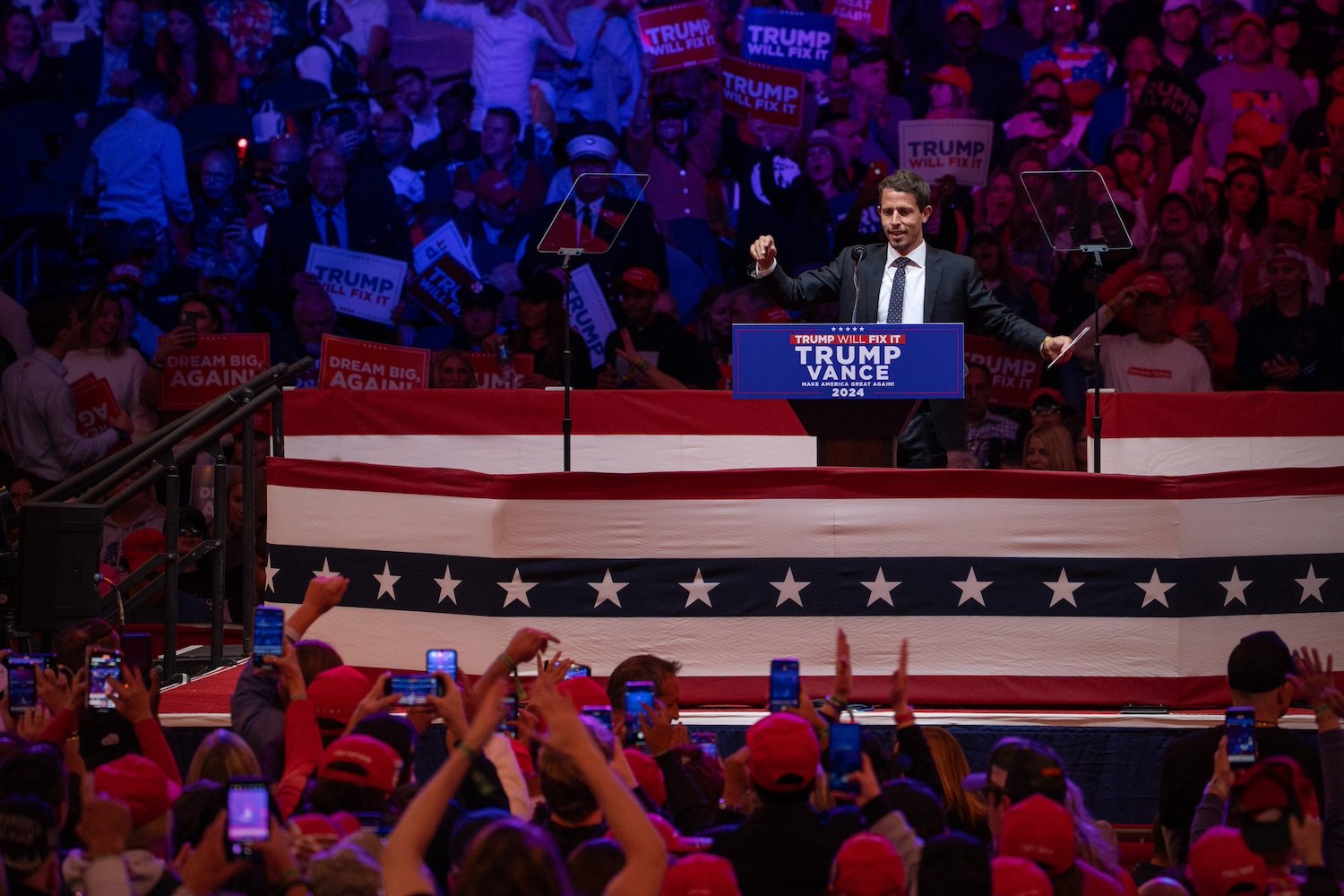 Comedian Tony Hinchcliffe performs at Trump rally