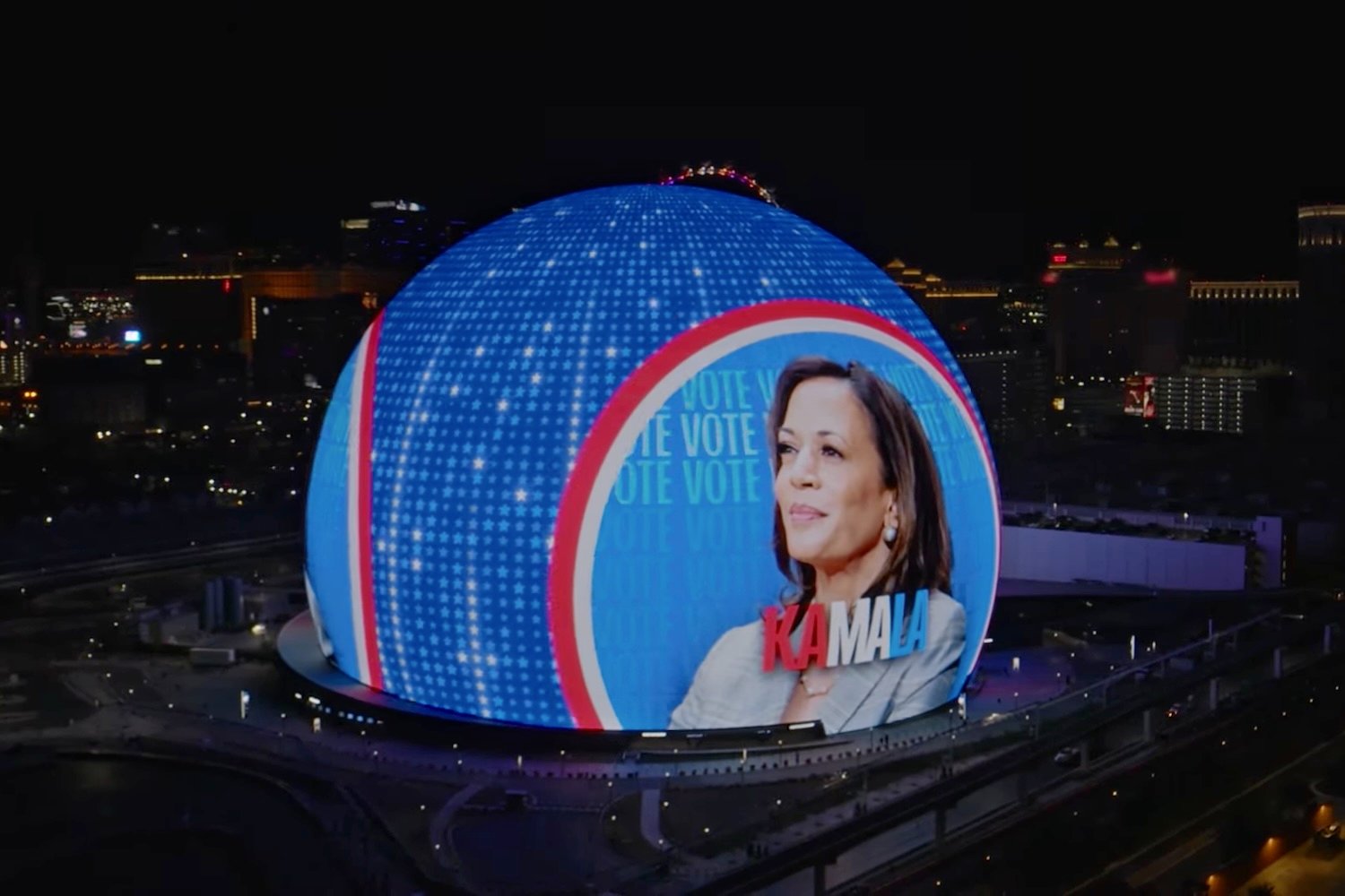 The Las Vegas Sphere pictured with an ad for Kamala Harris.