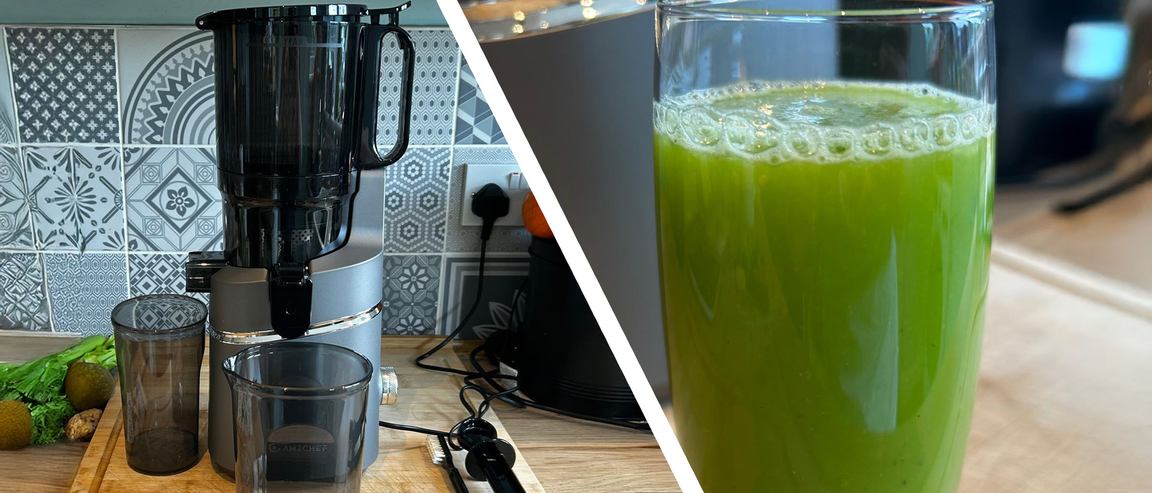 Amzchef Slow Juicer SJ-036 and glass of green juice