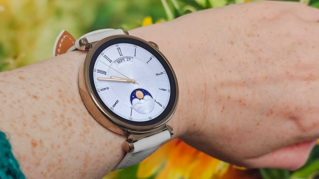 Huawei Watch GT 4 watch face and white leather strap