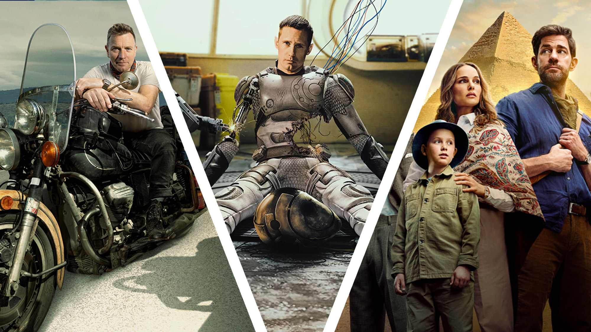 A collage image showing the Ewan McGregor on a bike, Alexander Skarsgard in a robot suit and the main cast of Fountain of Youth in front of a pyramid