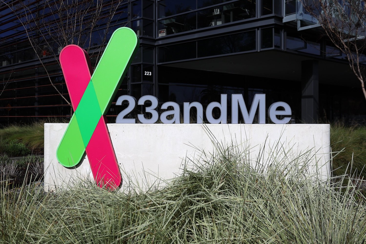 A sign is posted in front of the 23andMe headquarters on February 01, 2024 in Sunnyvale, California.