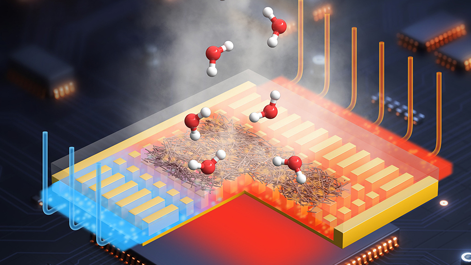 Illustration of a fiber membrane removing heat from an electronic chip through evaporation