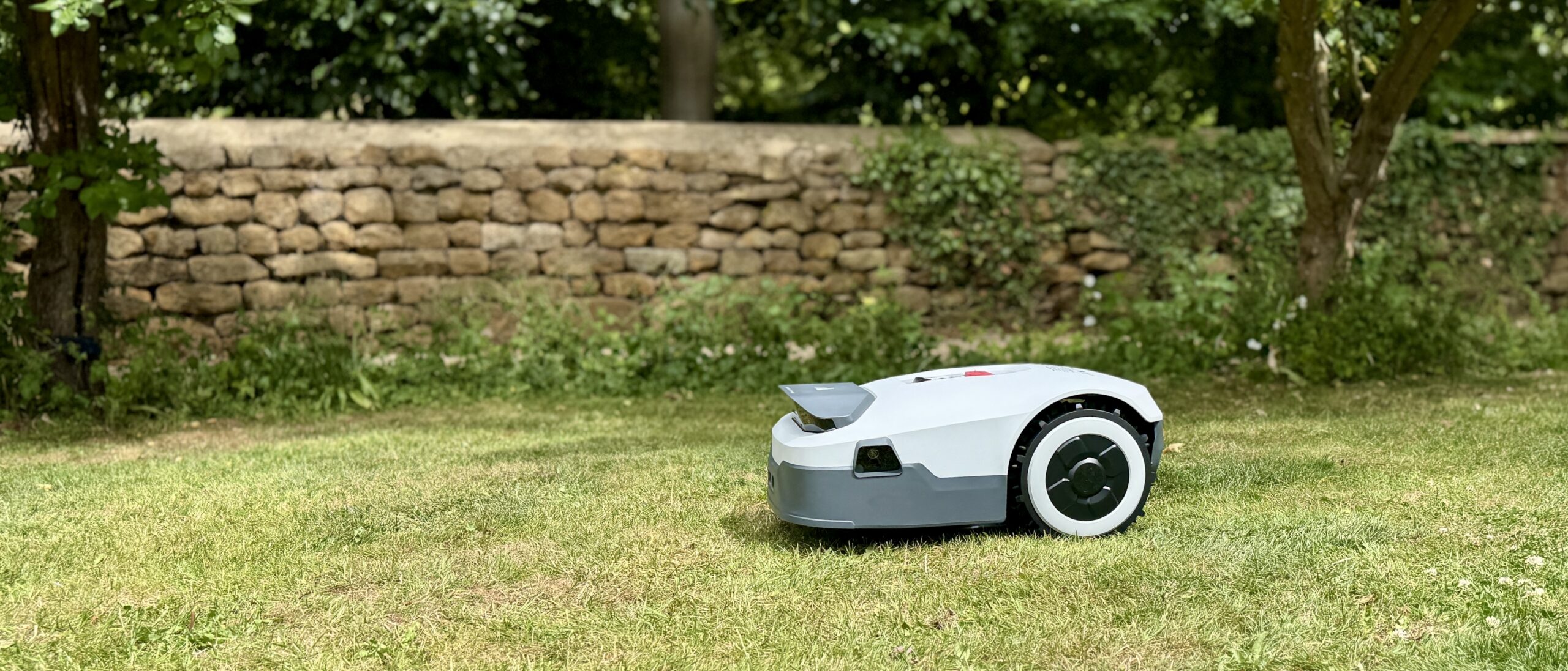 Anthbot Genie 300 robot lawn mower in reviewer's yard