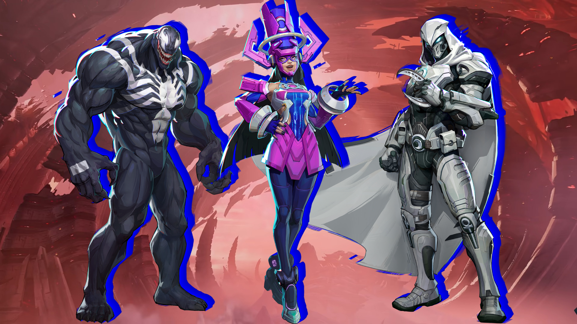 Venom, Galacta, and Moon Knight pose side by side
