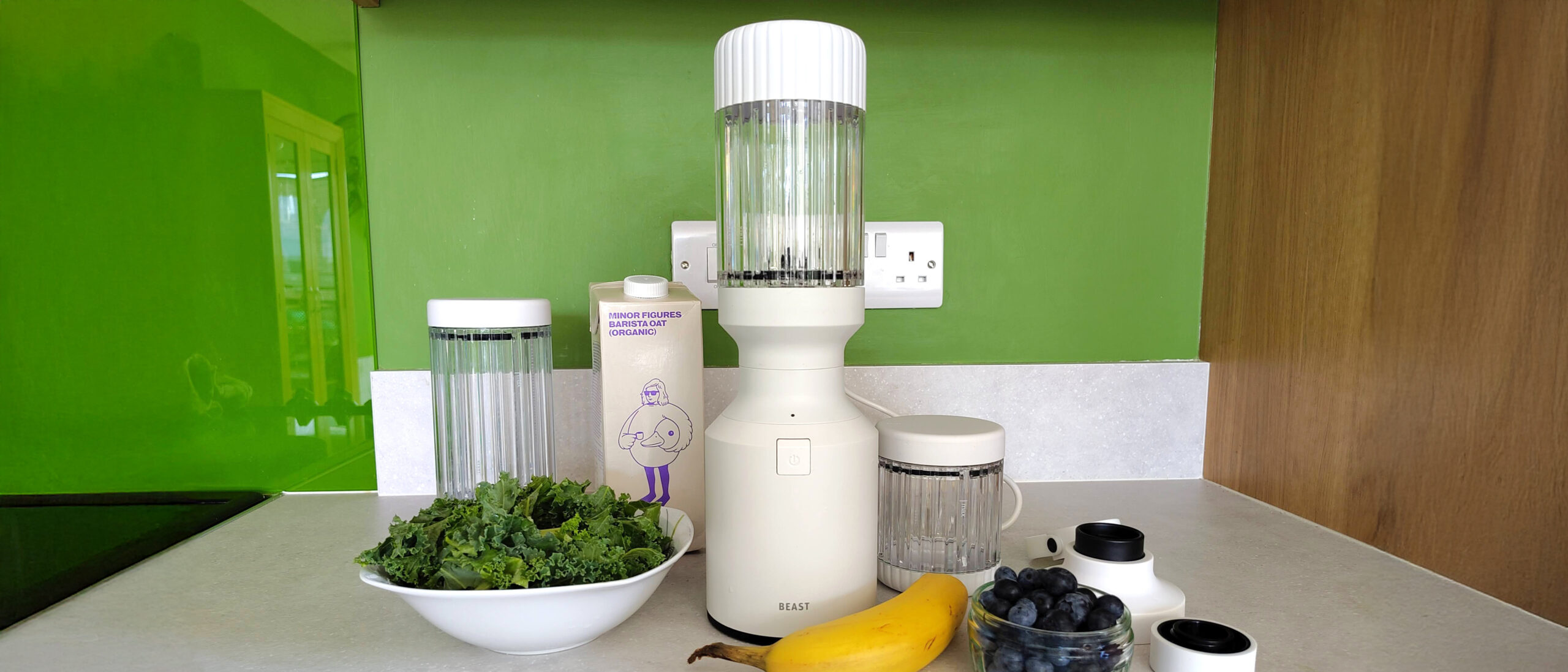 Beast Mighty 850 Plus blender with smoothie ingredients on kitchen counter