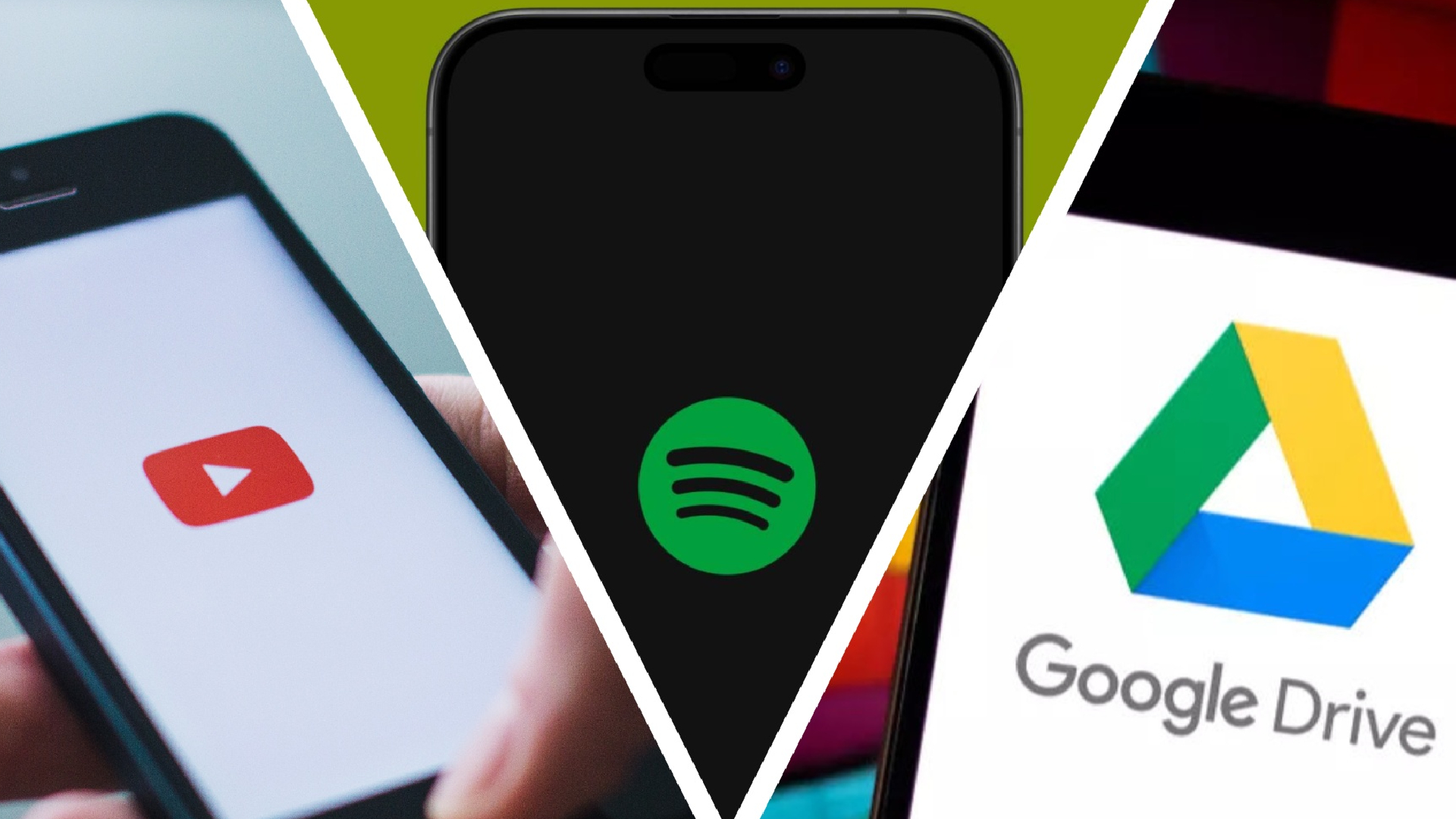 Three phones, each displaying a different logo - YouTube, Spotify and Google Drive