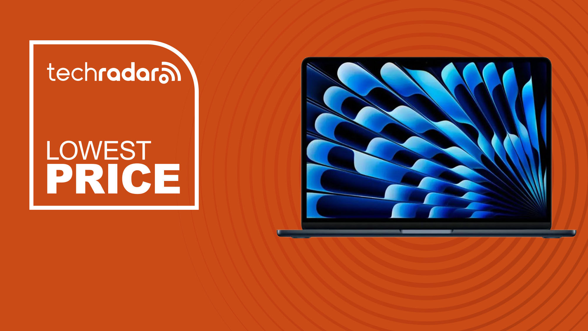 The MacBook Air 13-inch (M4) on an orange background with text saying Lowest Price.