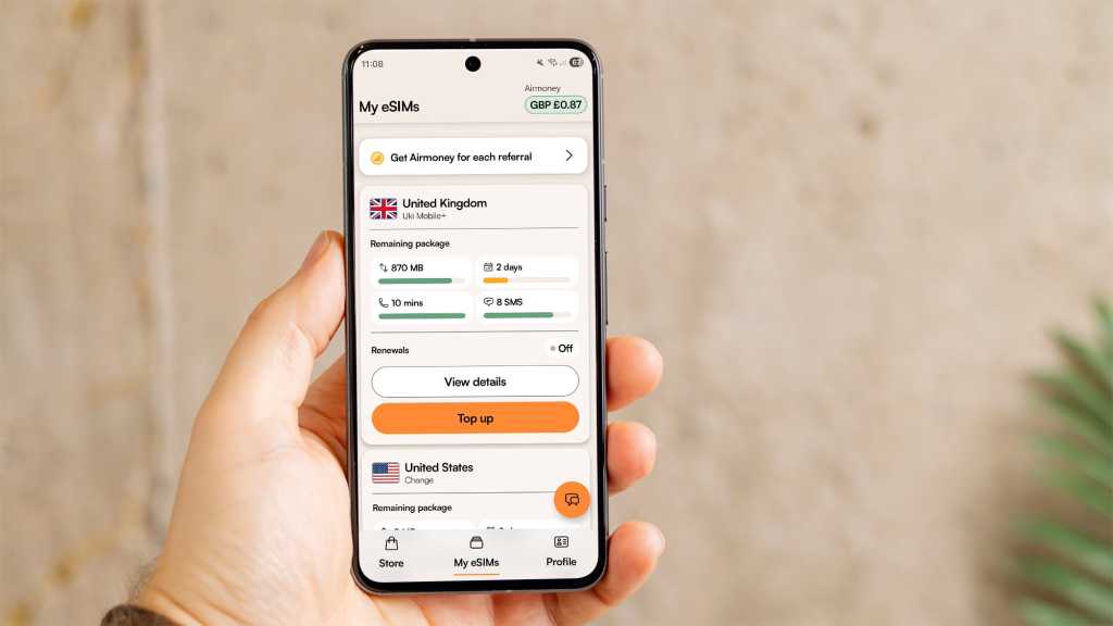 Airalo app redesign on an Android phone