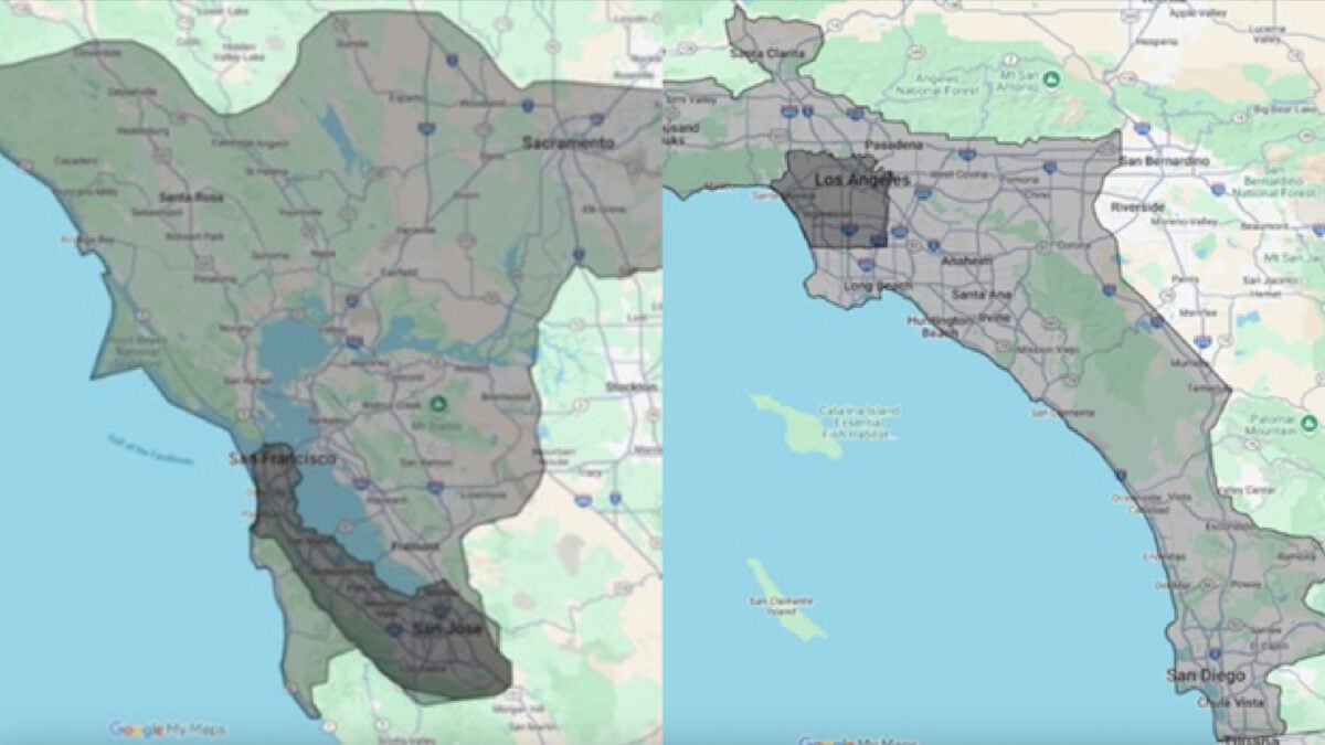 Maps showing parts of Alameda, Contra Costa, Los Angeles, Marin, Napa, Orange, Riverside, Sacramento, San Bernardino, San Diego, San Francisco, San Mateo, Santa Clara, Solano County, Sonoma, Ventura, and Yolo Counties