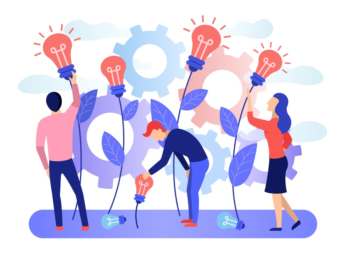 Image of a group of people collecting the fruits of plants in the form of a light bulb idea with gears in the background. 