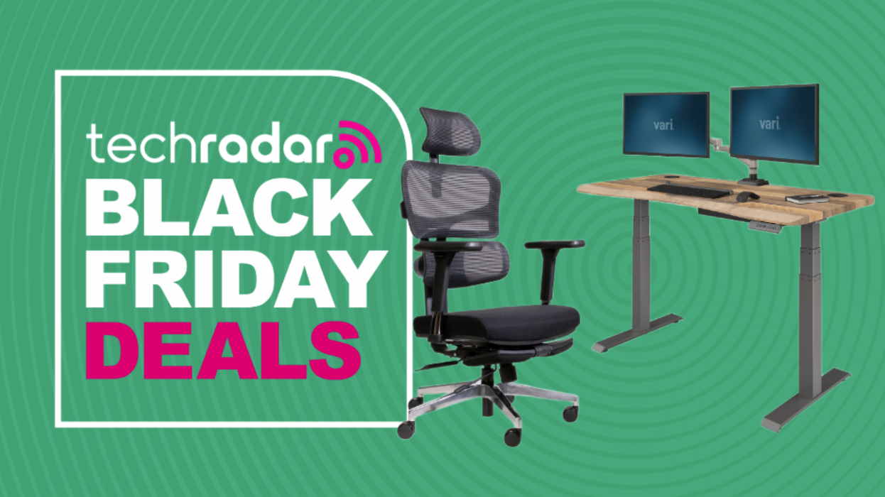 A Vari office chair and standing desk on a green background next to a TechRadar badge reading 'Black Friday deals'
