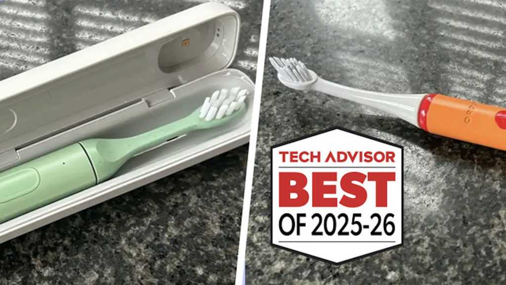 Two electric toothbrushes, overlaid with the Tech Advisor awards logo