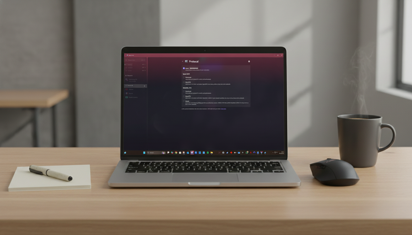 Proton VPN Protocol settings screen on laptop at desk